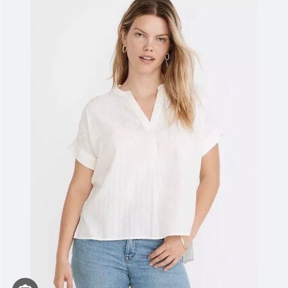 MADEWELL Lightspun Lakeline Popover Shirt in off white ivory embroidered Stripe